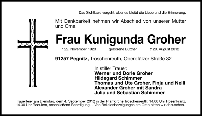  Traueranzeige für Kunigunda Groher vom 01.09.2012 aus Nordbayerische Nachrichten Pegnitz Lokal