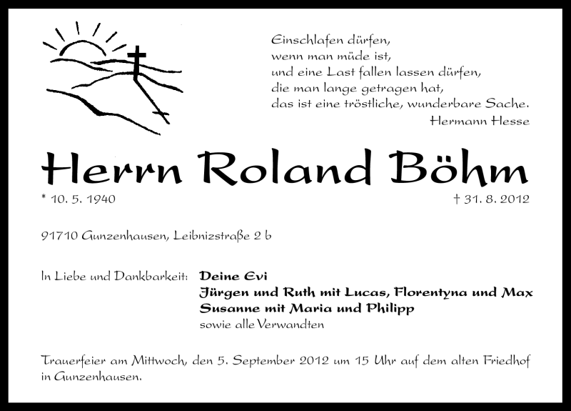  Traueranzeige für Roland Böhm vom 03.09.2012 aus Altmühl-Bote Lokal
