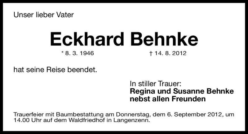  Traueranzeige für Eckhard Behnke vom 04.09.2012 aus Fürther Nachrichten Lokal