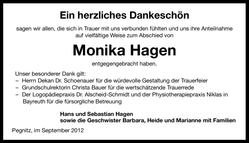  Traueranzeige für Monika Hagen vom 05.09.2012 aus Nordbayerische Nachrichten Pegnitz Lokal