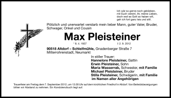 Traueranzeige von Max Pleisteiner von Neumarkter Nachrichten Lokal