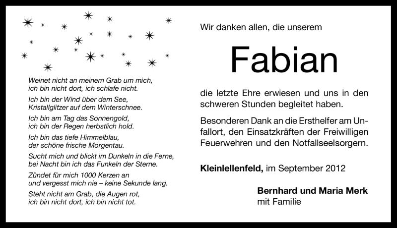  Traueranzeige für Fabian Merk vom 08.09.2012 aus Altmühl-Bote Lokal