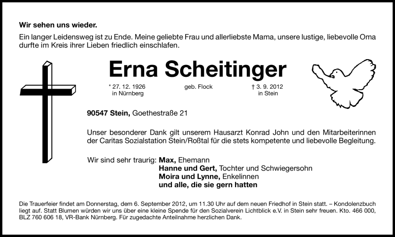  Traueranzeige für Erna Scheitinger vom 05.09.2012 aus Gesamtausgabe Nürnberger Nachrichten/ Nürnberger Ztg.