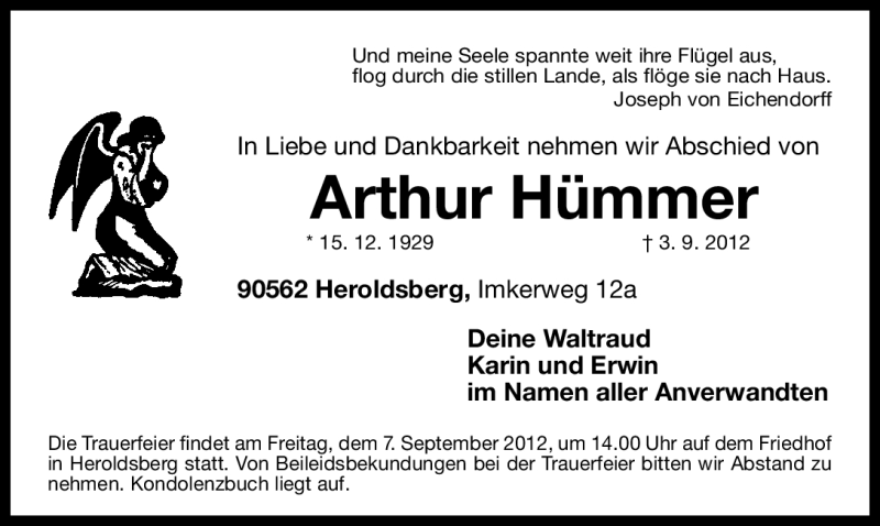  Traueranzeige für Arthur Hümmer vom 06.09.2012 aus Gesamtausgabe Nürnberger Nachrichten/ Nürnberger Ztg.