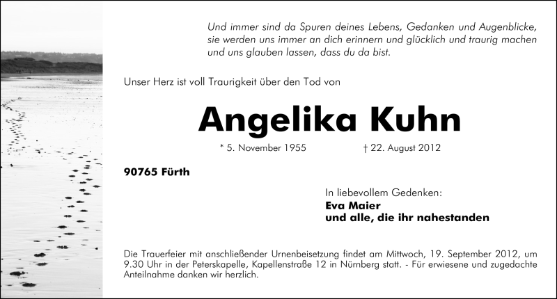  Traueranzeige für Angelika Kuhn vom 08.09.2012 aus Gesamtausgabe Nürnberger Nachrichten/ Nürnberger Ztg.