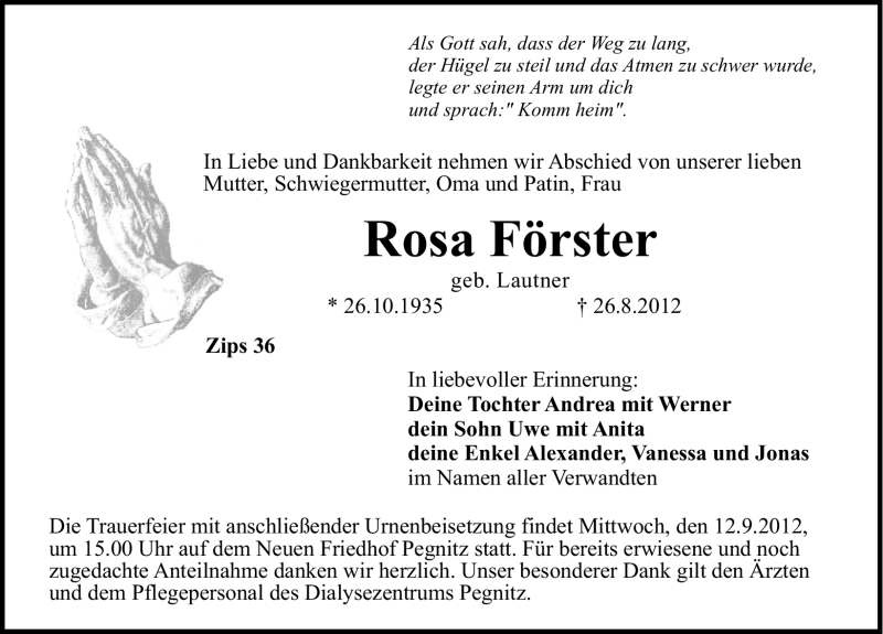  Traueranzeige für Rosa Förster vom 10.09.2012 aus Nordbayerische Nachrichten Pegnitz Lokal