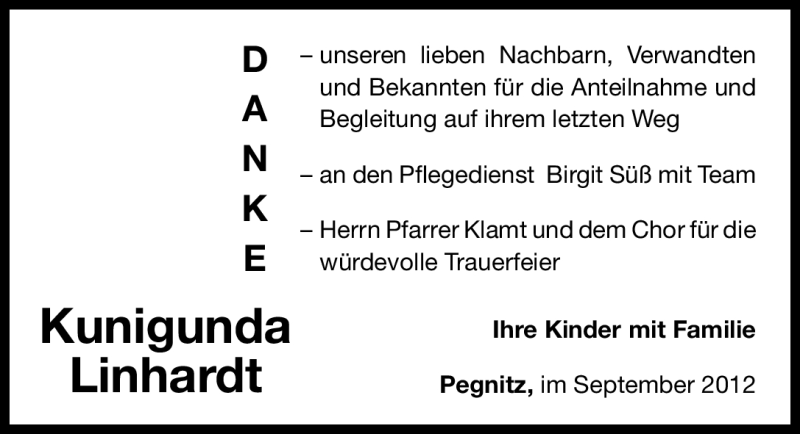  Traueranzeige für Kunigunda Linhardt vom 08.09.2012 aus Nordbayerische Nachrichten Pegnitz Lokal