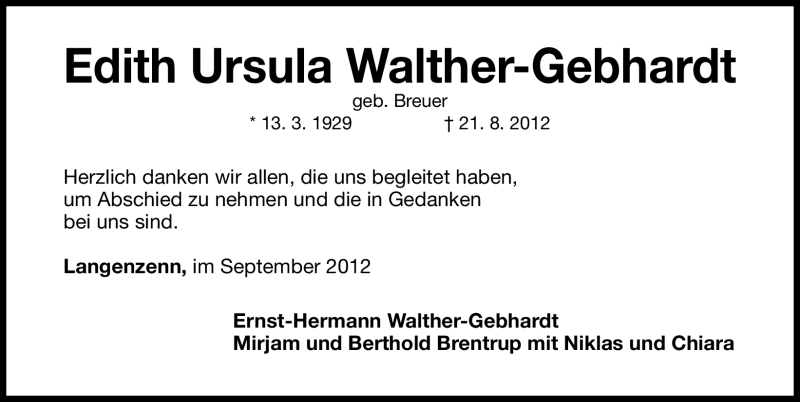  Traueranzeige für Edith Ursula Walther-Gebhardt vom 08.09.2012 aus Fürther Nachrichten Lokal