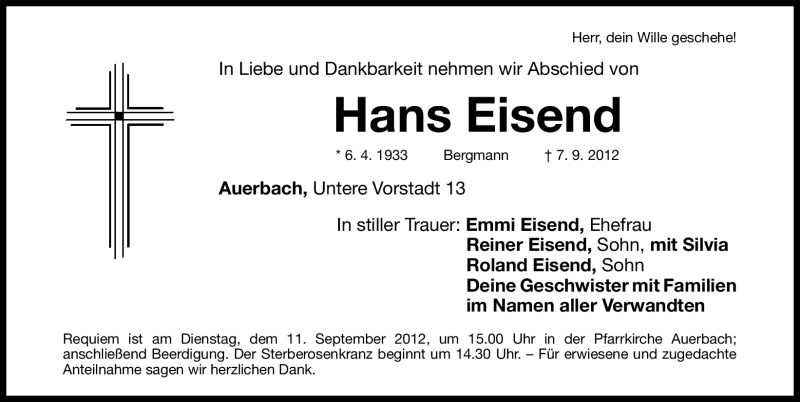  Traueranzeige für Hans Eisend vom 08.09.2012 aus Nordbayerische Nachrichten Pegnitz Lokal