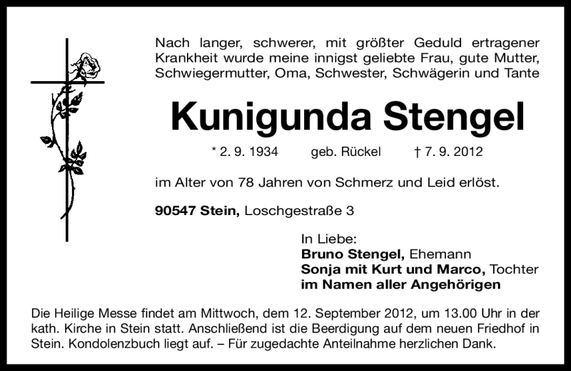  Traueranzeige für Kunigunda Stengel vom 10.09.2012 aus Gesamtausgabe Nürnberger Nachrichten/ Nürnberger Ztg.
