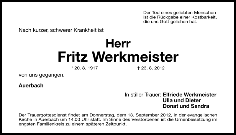  Traueranzeige für Fritz Werkmeister vom 11.09.2012 aus Nordbayerische Nachrichten Pegnitz Lokal
