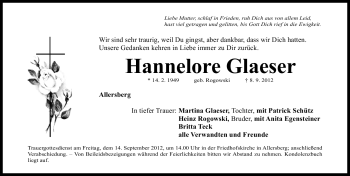 Traueranzeige von Hannelore Glaeser von Roth-Hilpoltsteiner Volkszeitung Lokal