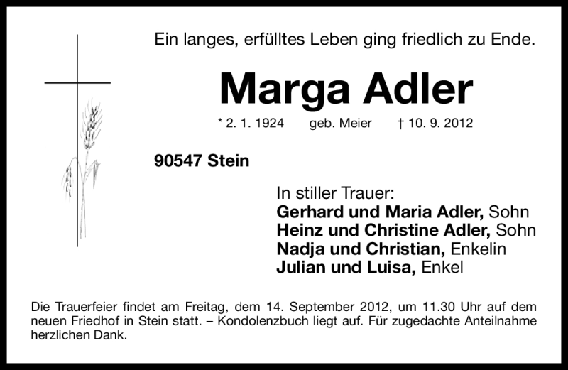  Traueranzeige für Marga Adler vom 12.09.2012 aus Gesamtausgabe Nürnberger Nachrichten/ Nürnberger Ztg.