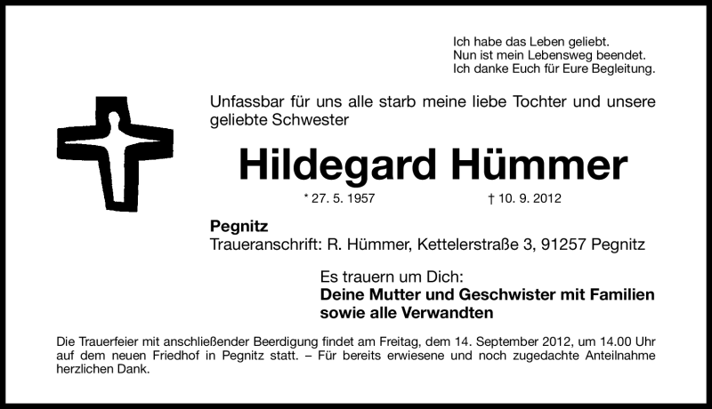  Traueranzeige für Hildegard Hümmer vom 13.09.2012 aus Nordbayerische Nachrichten Pegnitz Lokal