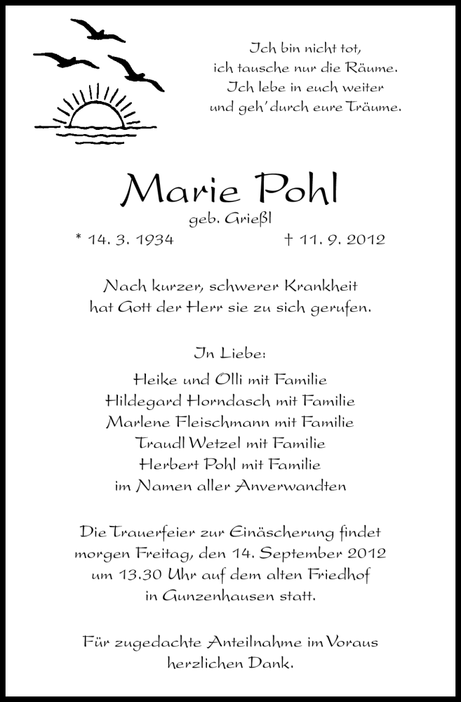  Traueranzeige für Marie Pohl vom 13.09.2012 aus Altmühl-Bote Lokal