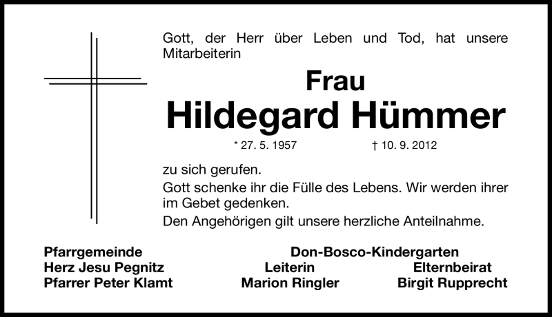  Traueranzeige für Hildegard Hümmer vom 14.09.2012 aus Nordbayerische Nachrichten Pegnitz Lokal