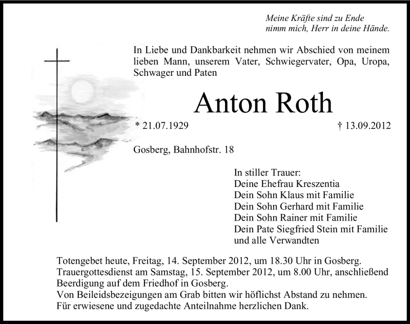  Traueranzeige für Anton Roth vom 14.09.2012 aus Nordbayerische Nachrichten Forchheim Lokal
