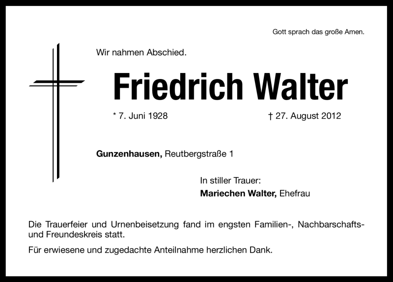 Traueranzeige für Friedrich Walter vom 15.09.2012 aus Altmühl-Bote Lokal