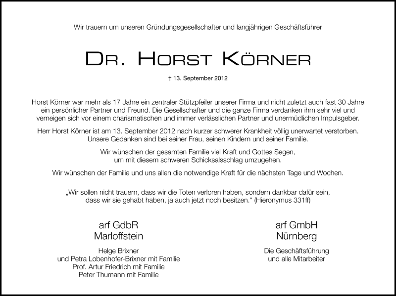  Traueranzeige für Horst Körner vom 15.09.2012 aus Gesamtausgabe Nürnberger Nachrichten/ Nürnberger Ztg.