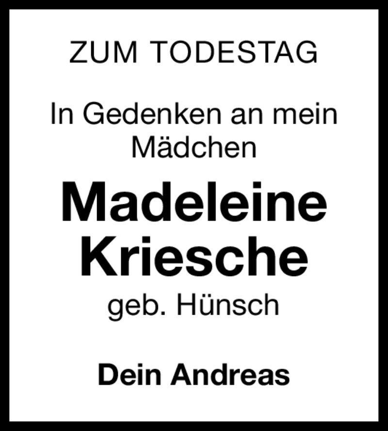  Traueranzeige für Madeleine Kriesche vom 17.09.2012 aus Erlanger Nachrichten Lokal