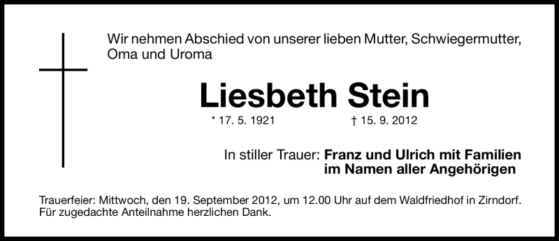  Traueranzeige für Liesbeth Stein vom 17.09.2012 aus Fürther Nachrichten Lokal