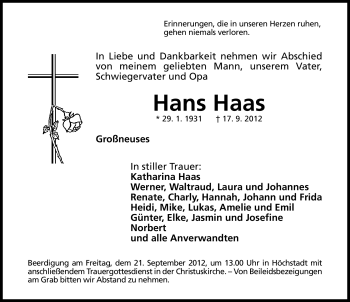 Traueranzeige von Hans Haas von Nordbayerische Nachrichten Herzogenaurach Lokal