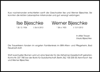 Traueranzeige von Ilse Bijeschke von Gesamtausgabe Nürnberger Nachrichten/ Nürnberger Ztg.