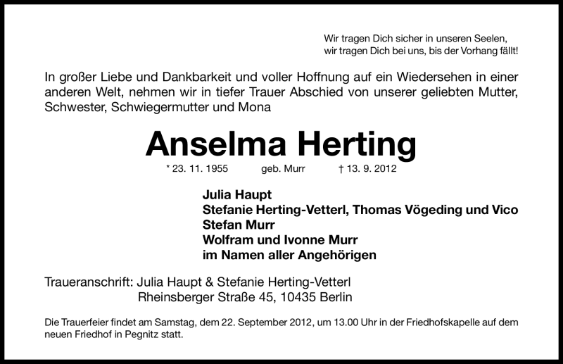  Traueranzeige für Anselma Herting vom 20.09.2012 aus Nordbayerische Nachrichten Pegnitz Lokal