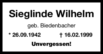 Traueranzeige von Sieglinde Wilhelm von Fürther Nachrichten Lokal