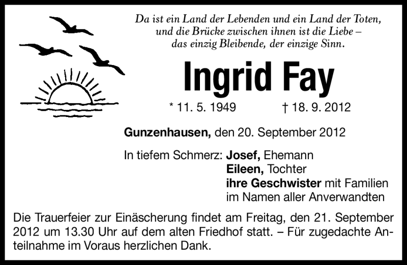  Traueranzeige für Ingrid Fay vom 20.09.2012 aus Altmühl-Bote Lokal