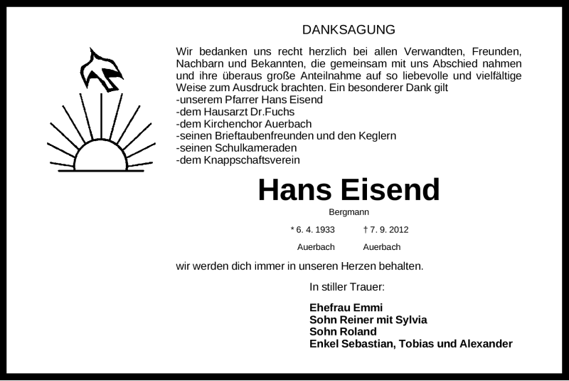  Traueranzeige für Hans Eisend vom 22.09.2012 aus Nordbayerische Nachrichten Pegnitz Lokal