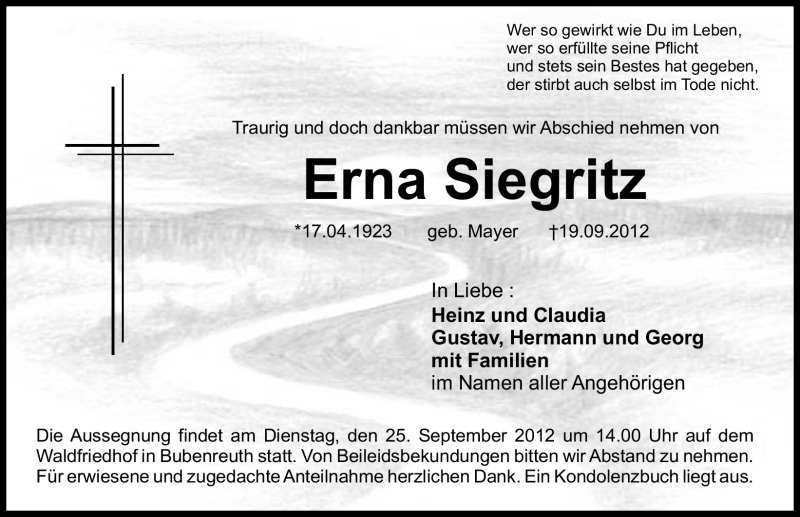  Traueranzeige für Erna Siegritz vom 22.09.2012 aus Erlanger Nachrichten Lokal