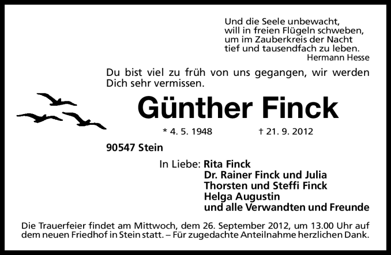  Traueranzeige für Günther Finck vom 24.09.2012 aus Gesamtausgabe Nürnberger Nachrichten/ Nürnberger Ztg.