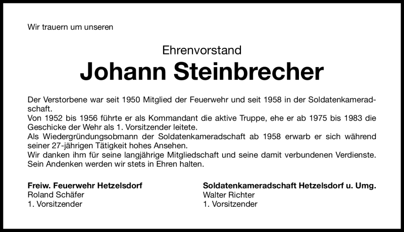  Traueranzeige für Johann Steinbrecher vom 24.09.2012 aus Nordbayerische Nachrichten Forchheim Lokal