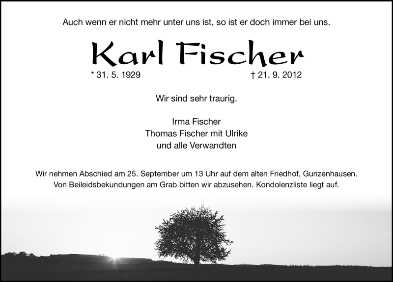  Traueranzeige für Karl Fischer vom 24.09.2012 aus Altmühl-Bote Lokal