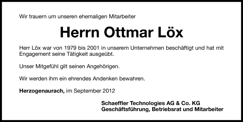  Traueranzeige für Ottmar Löx vom 25.09.2012 aus Nordbayerische Nachrichten Herzogenaurach Lokal
