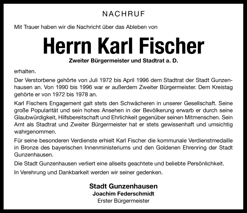  Traueranzeige für Karl Fischer vom 25.09.2012 aus Altmühl-Bote Lokal