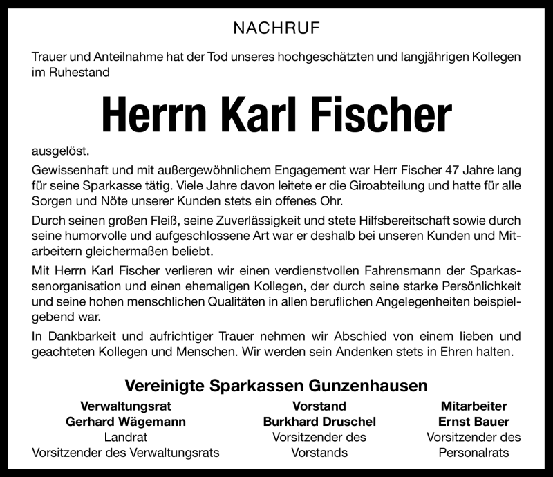  Traueranzeige für Karl Fischer vom 25.09.2012 aus Altmühl-Bote Lokal
