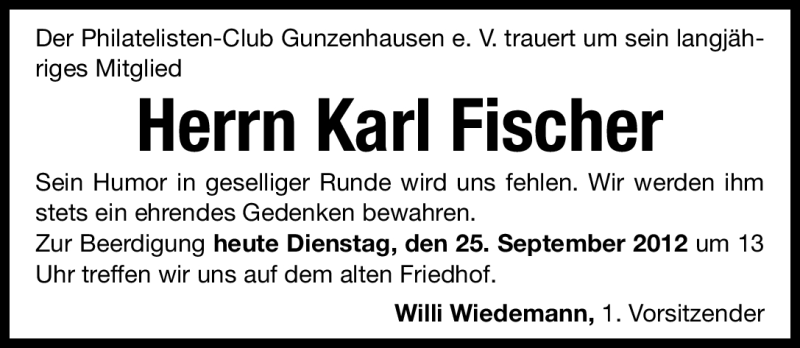  Traueranzeige für Karl Fischer vom 25.09.2012 aus Altmühl-Bote Lokal