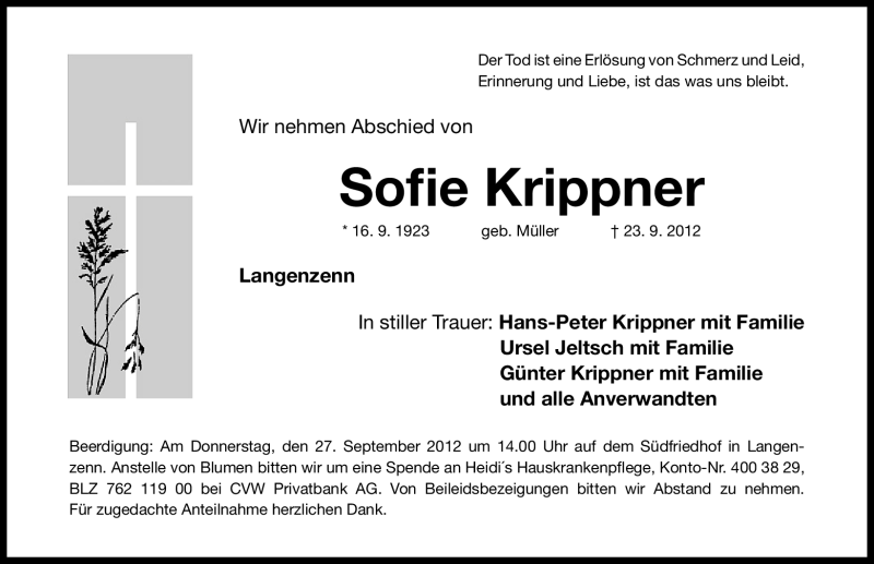  Traueranzeige für Sofie Krippner vom 25.09.2012 aus Fürther Nachrichten Lokal