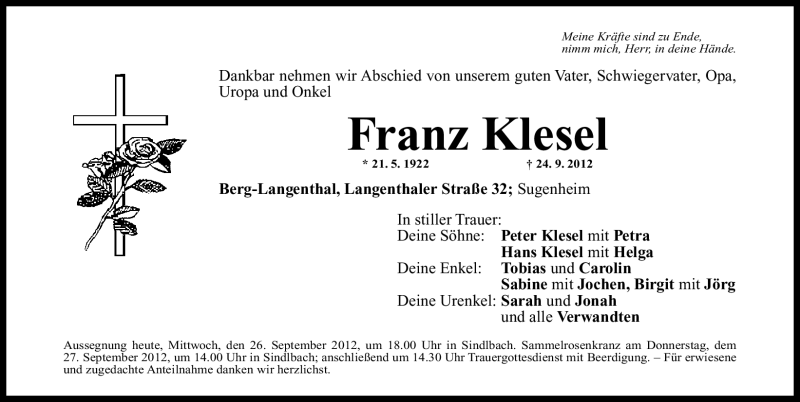  Traueranzeige für Franz Klesel vom 26.09.2012 aus Neumarkter Nachrichten Lokal