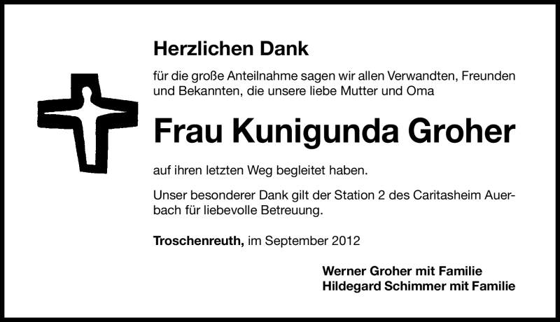  Traueranzeige für Kunigunda Groher vom 29.09.2012 aus Nordbayerische Nachrichten Pegnitz Lokal
