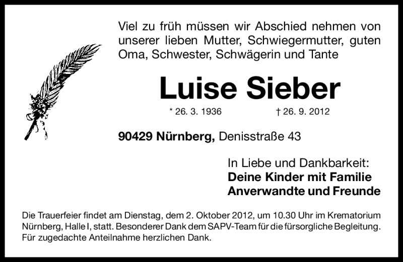  Traueranzeige für Luise Sieber vom 29.09.2012 aus Gesamtausgabe Nürnberger Nachrichten/ Nürnberger Ztg.