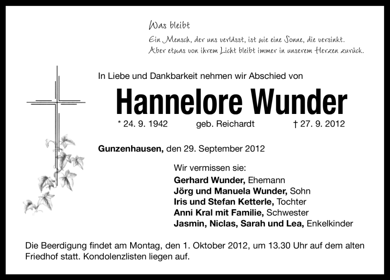  Traueranzeige für Hannelore Wunder vom 29.09.2012 aus Altmühl-Bote Lokal