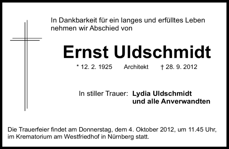  Traueranzeige für Ernst Uldschmidt vom 01.10.2012 aus Gesamtausgabe Nürnberger Nachrichten/ Nürnberger Ztg.