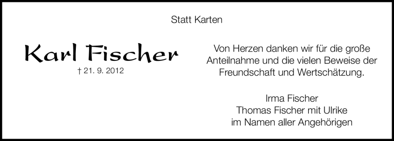  Traueranzeige für Karl Fischer vom 03.10.2012 aus Altmühl-Bote Lokal