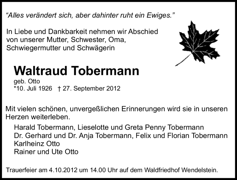  Traueranzeige für Waltraud Tobermann vom 02.10.2012 aus Gesamtausgabe Nürnberger Nachrichten/ Nürnberger Ztg.