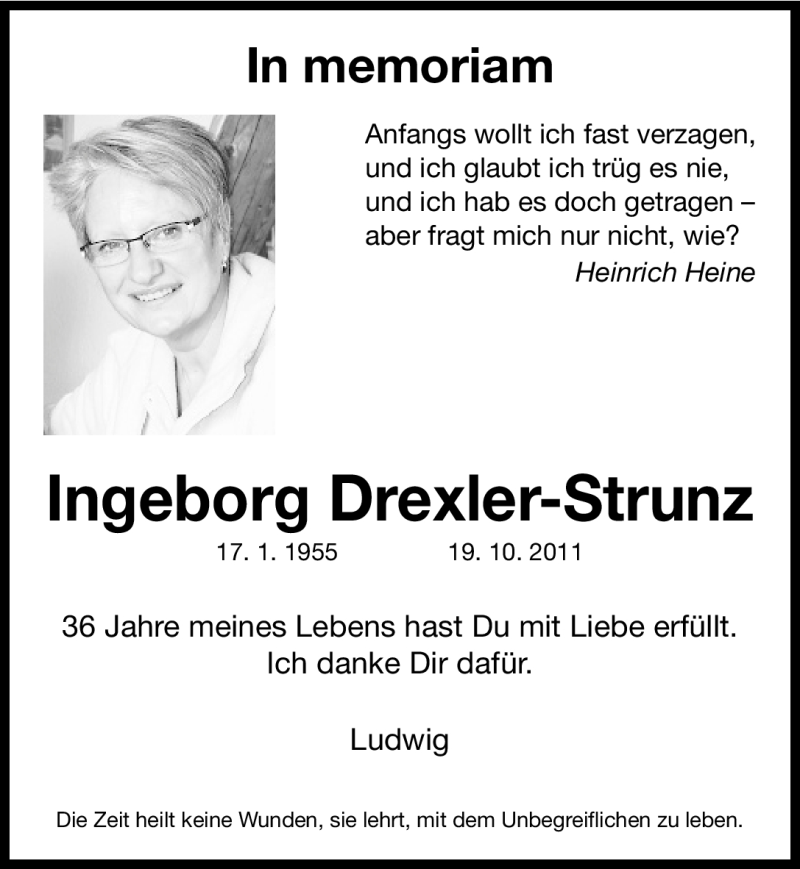  Traueranzeige für Ingeborg Drexler-Strunz vom 19.10.2012 aus Erlanger Nachrichten Lokal