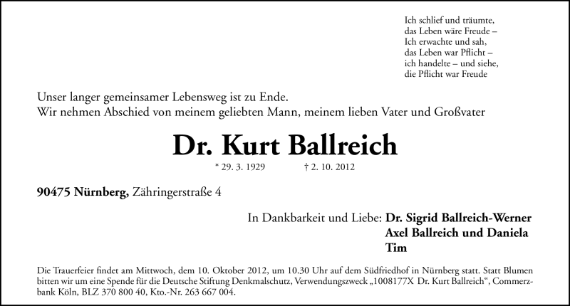  Traueranzeige für Kurt Ballreich vom 06.10.2012 aus Gesamtausgabe Nürnberger Nachrichten/ Nürnberger Ztg.