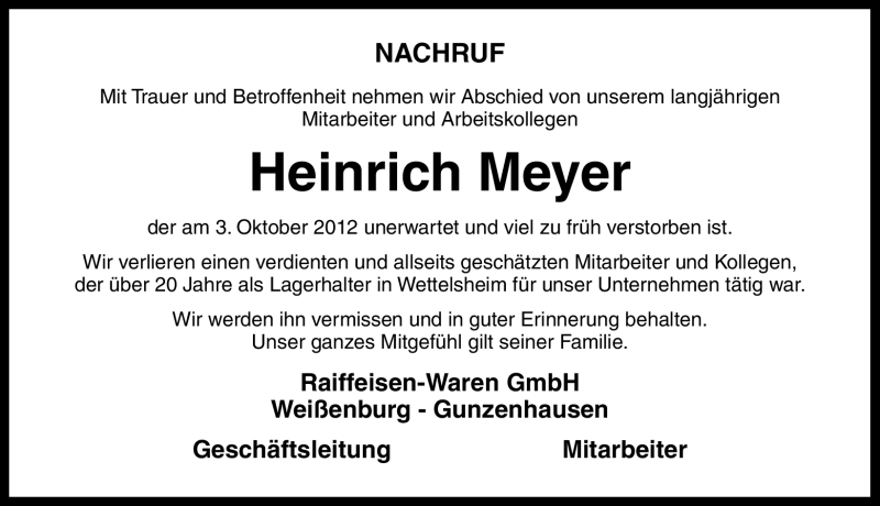  Traueranzeige für Heinrich Meyer vom 05.10.2012 aus Altmühl-Bote Lokal